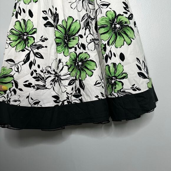 Ruby Rox Women's Y2K Black, White + Green Floral Print Tie Back‎ Flare Dress 3 - Picture 3 of 9